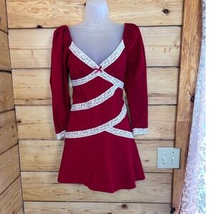 Free People Tennley Red Corduroy Lace Trim Puff Sleev Mini Dress Sweethear Small